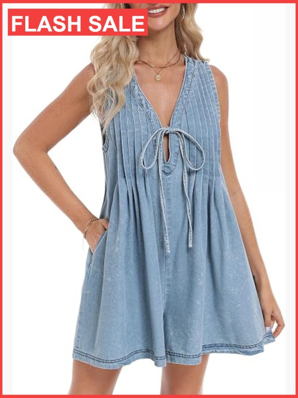 Sleeveless Denim Romper V-Neck Tie Front Jean Short Overall with Pockets